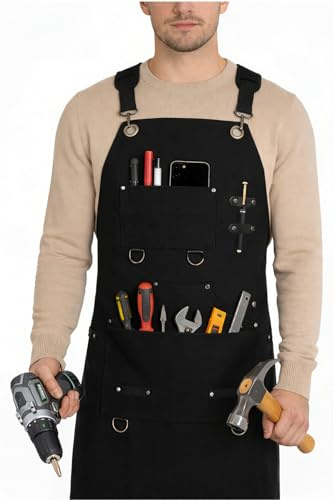 Heavy Duty Canvas Tool Aprons for Men: 6-Pocket, with Quick-Release Buckle, Ergonomic X-Cross Back, Adjustable Waist 28–71, Mechanics Apron for Men, Ideal for Woodworking, Workshop, DIY & Carpentry