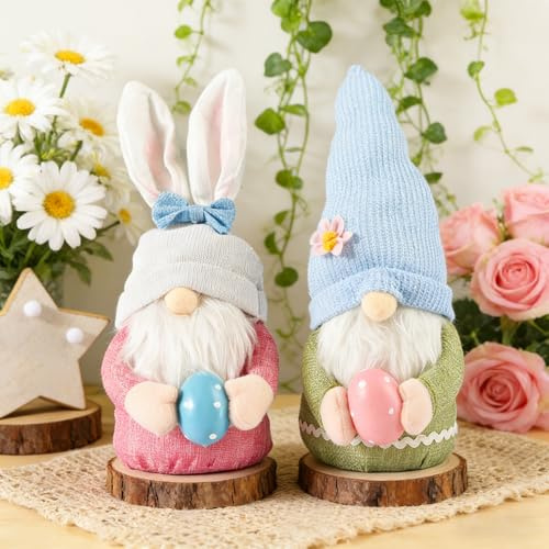 Sunshine Smile 2 Stück Ostern Deko Wichtel, Handgemachte Plüsch Osterhasen Zwerge mit Eiern, Skandinavisch, Matt, Filz, Baumwolle, Holz, Ostern, Frühling Urlaub Dekoration