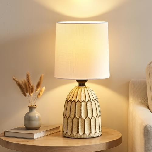 GyroVu Cermaic Table Lamp, Boho Table Lamp for Bedside | Small Nightstand lamp with Ceramic Base and Fabric Shade for Bedroom Living Room Decoration