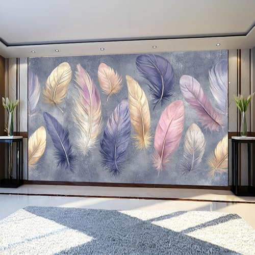 Carta da Parati Effetto Piume ad acquerello 400 x 280 cm Fotomurale Grigio per Pareti Camera da Letto Bagno Rivestimento Murale Decorativo