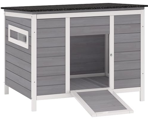PawHut Duck Coop, Wooden Duck House Rabbit Hutch with Openable Roof, Removable Base, Elevated Legs, Ramp, Ventilated Windows, Bunny Cage for Feral Cats, Poultry, Small Animals, Gray