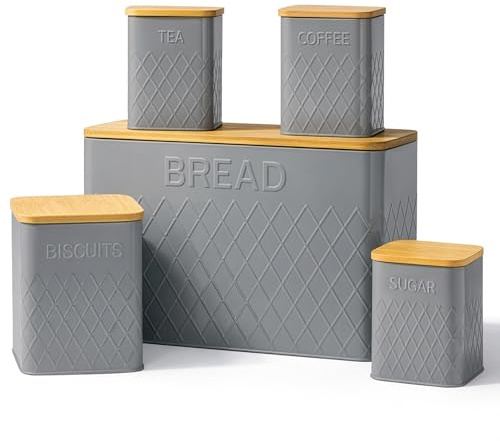 WINSOME Kitchen Canisters Tea Coffee Sugar Biscuit Bread | (Set of 5) Airtight Kitchen Storage Canister Set with Bread Bin | Coffee Sugar Tea Biscuit Bread Tins with Bamboo Lids (Grey)
