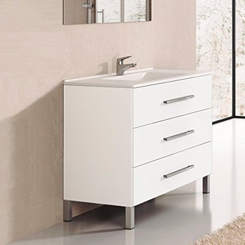 Ducha.es Indus Ensemble de salle de bain avec meuble et plan vasque en céramique 90cm Blanc brillant