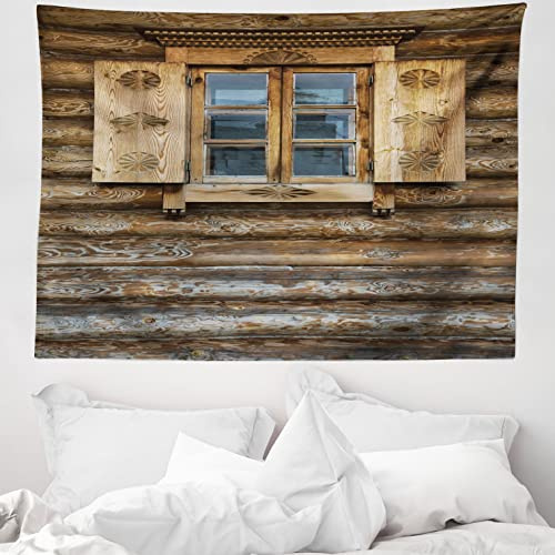 ABAKUHAUS Rustikal Wandteppich, Holzhaus Shutter aus Weiches Mikrofaser Stoff Waschbar ohne Verblassen Digitaldruck, 150 x 110 cm,Braun Beige