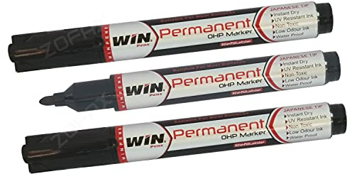 WIN Bullet Tip BLACK Permanent Marker Pen Quick Dry UV Resistant Ink Water Proof (3 x Markers)