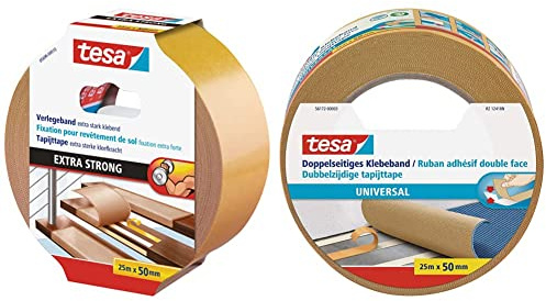 tesa doppelseitiges Verlegeband, extra stark klebend, 25m x 50mm & Doppelseitiges Klebeband Universal - Vielseitiges Klebeband für Verpackungen, Deko und Teppiche oder zum Basteln - 25 m x 50 mm