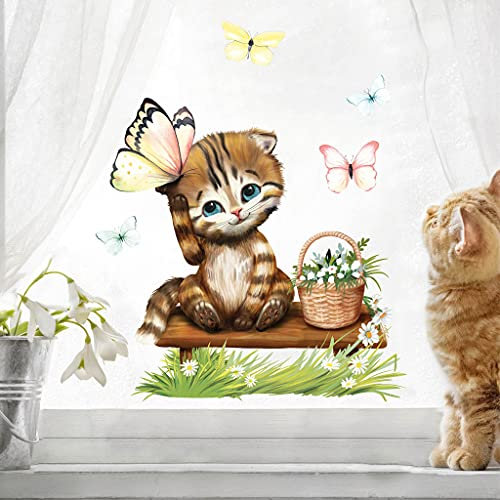 Fensterbild Frühling Ostern wiederverwendbar Fensteraufkleber Kinderzimmer / 3. Katze Schmetterlinge (13090) / 2. A3 Bogen