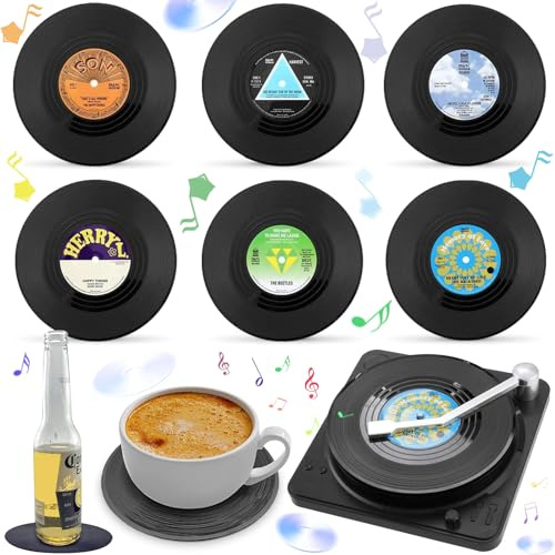 Liekadijiae 6 posavasos de silicona, posavasos retro de vinilo con soporte, en forma de discos de vinilo, para café, té, jarra de cerveza, vino, de cristal, casa y bar