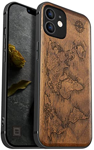 Carveit Coque en Bois pour iPhone 12 Compatible avec MagSafe et Chargement sans Fil Étui de téléphone Antichoc de 12 Etui magnétique Souple TPU Silicone Bumper (Noyer-Boussole Cartes)