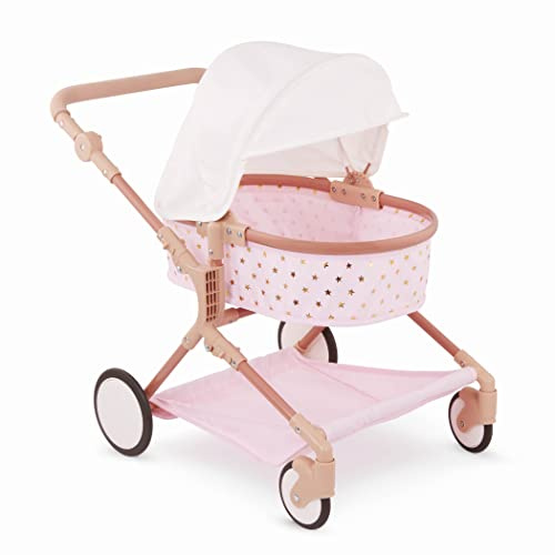 LullaBaby BABI by Battat – Baby Doll Double Stroller Mini Gold Stars – Foldable Canopy, Swivel Wheels, Storage Basket – Pink Carriage Fits Twin 14-inch Dolls – Children’s Toys for Kids Ages 3+