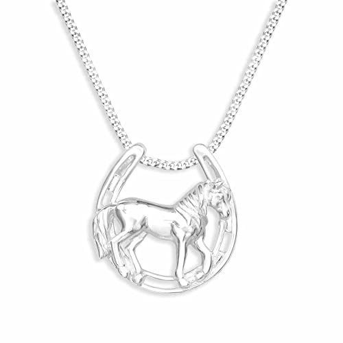 Monkimau Halskette Damen mit Pferd im Hufeisen Anhänger aus 925 Sterling Silber Horse Necklace Silver Women Charm Kette Schmuck Geschenke für Kinder Mädchen Frauen