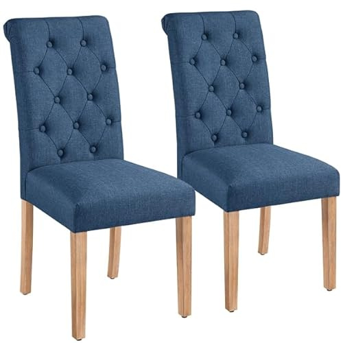 Yaheetech Set 2 Sedie Sala da Pranzo Imbottite Sedia in Tessuto Eleganti Gambe in Legno Massello Schienale Alto con Bottoni Imbottiti Portata 125 kg Blu
