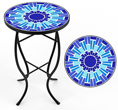 FROMJBEST Table d'appoint d'extérieur en mosaïque résistante aux intempéries 35,6 cm de diamètre 53,3 cm de haut, table d'extérieur ronde en carreaux de céramique pour terrasse, porche, jardin,