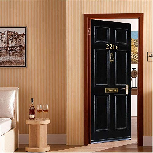 stickers paroi de douche 80x200cm(31.49 inches * 78.74 inches) Noir porte en bois Art porte autocollant 3D mode décalcomanie Art décor mur fenêtre porte autocollant amovible Mural affiche