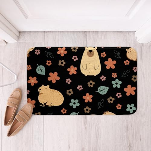 Cute Capybara Kids Bath Mats,Funny Rodent Animals Lovers Mats Rugs,Boys Girls Adults Room Decor,Flowers Leaves Romantic Bath Carpets,Watercolor Cartoon Bath Rugs,Absorbent Floor Mats,20Wx32L Inches