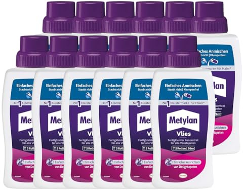 Metylan Vlies Fertigkleister Konzentrat, Tapetenkleister für Vliestapeten, starker & schnell mischbarer Kleister für den sofortigen Einsatz, 12x500g