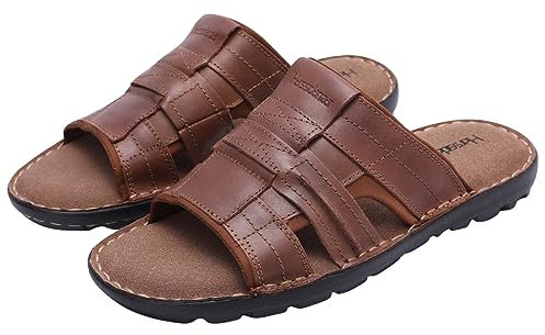 Harssidanzar Mens Leather Slide Sandals,Leather Arch Support Comfortable Lightweight Summer Casual Beach Slides for Men Indoor Outdoor slip on sandalsKM228UK,Cognac,Size 8