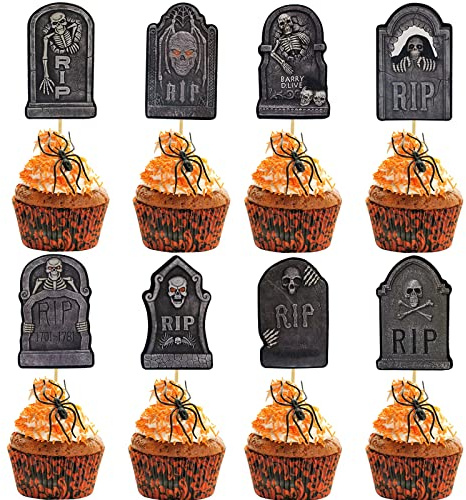 Morofme 24pcs Halloween Cupcake Toppers Grabsteine Cupcake Picks Friedhof Kuchen Topper Grabstein Kuchen Picks Gruselige Halloween Cupcake Dekoration für Halloween Horror Party