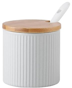 YORROR Azucarero de cerámica gris de 300 ml, recipiente de especias de porcelana con tapas de bambú, cuchara de porcelana, tarro de especias, condimentos, tarro de miel para el hogar y la cocina