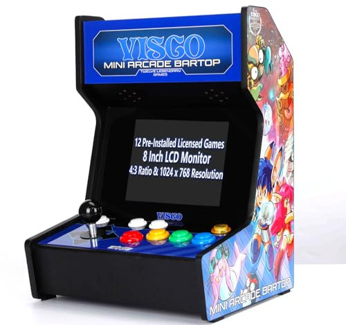 UNICO Visco Mini Arcade Bar Top avec Manette de Jeu Supplémentaire, Petite Machine D'arcade à Domicile, Musashi Ganryu, etc. 12 Jeux Rétro Visco Préchargés, Écran 8 Pouces, Support de Sortie HDMI