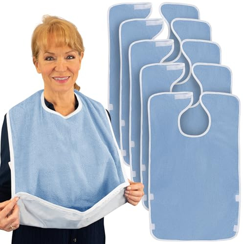Vive Adult Bibs (5 Pack) - Waterproof Apron Set for Men, Women for Eating with Adjustable Strap - Washable Reusable Large Terry Cloth for Elderly, Seniors and Disabled - Extra Long Clothing Protector