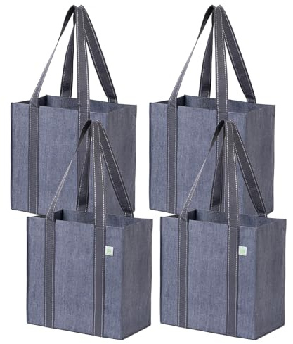 VENO 4 Pack Reusable Grocery Bags and Shopping Bags with Handles and Hard Bottom with Compact Convenience Size. Foldable, Durable, Heavy Duty Utility Tote - Perfect for Shopping Cart (Gray, 4 Pack)