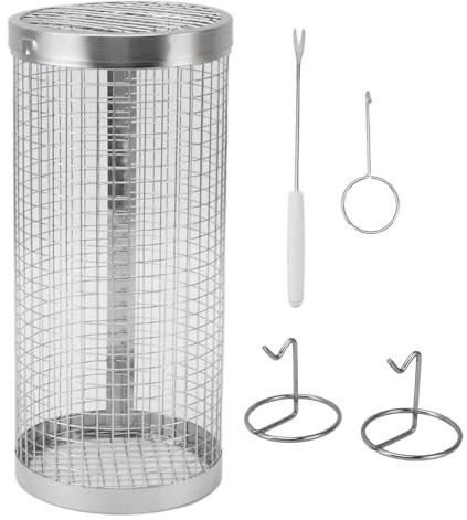 HUAOSN Rolling Grill Basket, BBQ Wire Mesh Cylinder Grill Baskets, Stainless Steel Wire Mesh Cylinder Grill Basket with Fork Hook, Portable Outdoor Grill Stand for Vegetables, Fish, French Fries (S)