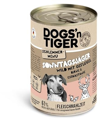 Dogs'n Tiger Menu de gourmandise pour Chasseur du Dimanche, Nourriture Humide pour Chien avec gibier, volaille, Poire et châtaigne, sans céréales, Sucre ajouté, conservateurs artificiels, 400 g (lot