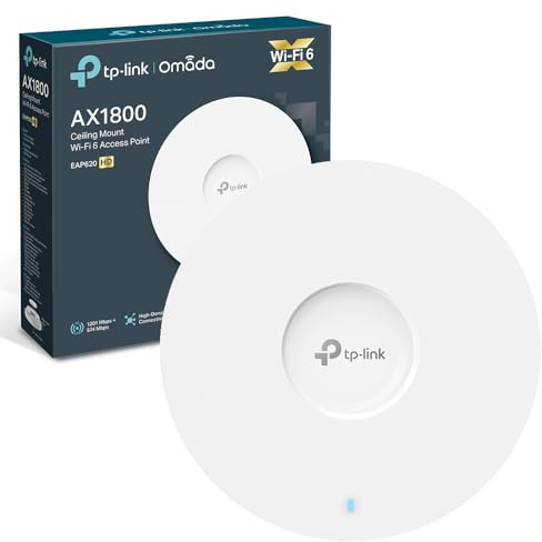 TP-Link EAP620 HD AX1800 Ceiling Mount WiFi Access Point, Wireless Access Point, Seamless Roaming, Dual-Band WiFi 6, Omada Mesh, PoE+ Powered, Management, Adapter Included, High-Density Connection