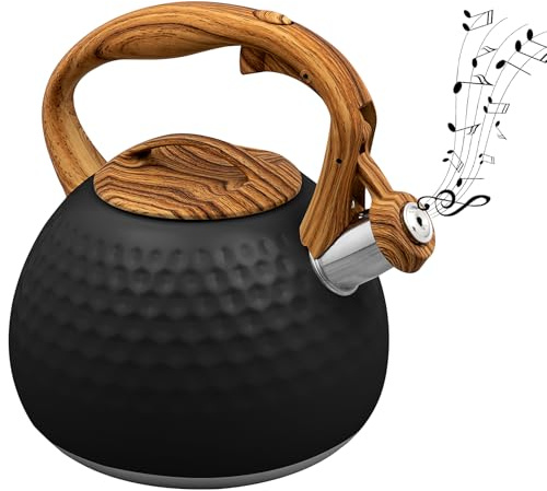 Tea Kettle for Stove Top, 3L Whistling Kettle with Wooden Spout (Black) | Stainless Steel Kitchen Teapot, with Heat-resistant Handle, Whistling Kettle, for Induction Cooker Gas Electric Hobs