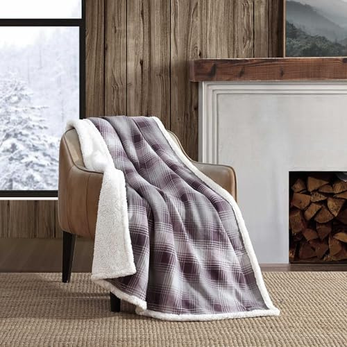 Eddie Bauer - Throw Blanket, Brushed Fleece Bedding with Sherpa Reverse, Soft & Cozy Plaid Home Decor for Bed or Couch (Nordic Plaid Purple, Throw)