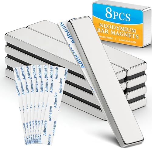 Grtard 8Pack Magnets Bar, Neodymium Magnet Strips Heavy Duty | Rare Earth Magnets with Double-Sided Adhesive for Fridge, Garage, Kitchen, Science, Craft, Office, DIY - 60 x 10 x 3 mm
