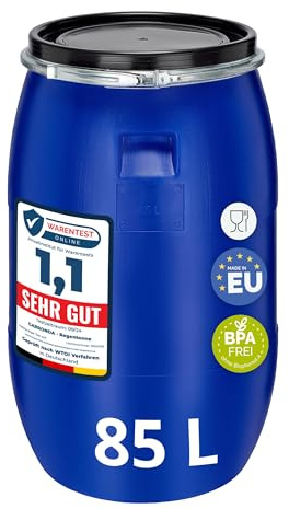 Garronda 85 liter bredhalsfat med lock – BPA-fri HDPE-behållare för vatten, regnvatten, förvaring och djurfoder, livsmedelssäkert universalfat för trädgården GD-0078, Blå