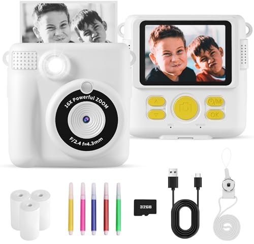 Appareil Photo Instantané Enfants, 1080P HD Appareils Photo Numériques Instantanés, 2.4'' Écran Appareil Photo Enfants avec Papier d'impression & Carte 32GB, Cadeau pour Filles Garçons 3-12 Ans