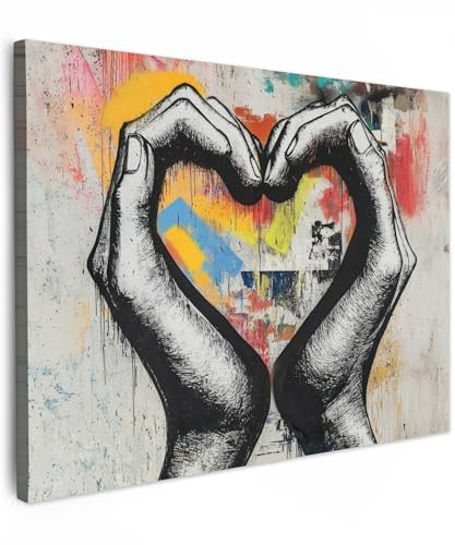 MuchoWow© Cuadros Decoracion Salon Modernos 70x50 cm Dormitorios Cuadro Decorativos de Salon Lienzos Decorativo Decoración Modernos Cabecero Cama Manos - Corazón - Arte callejero - Graffiti