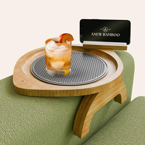 AnewBamboo™ Sofa Arm Rest Tray Table with Silicone Mat Phone and Tablet Holder, Foldable Tray Preventing Stains, Easy to Clean Organiser for Drinks, Snacks, Remote Control and Accessories, UK Brand