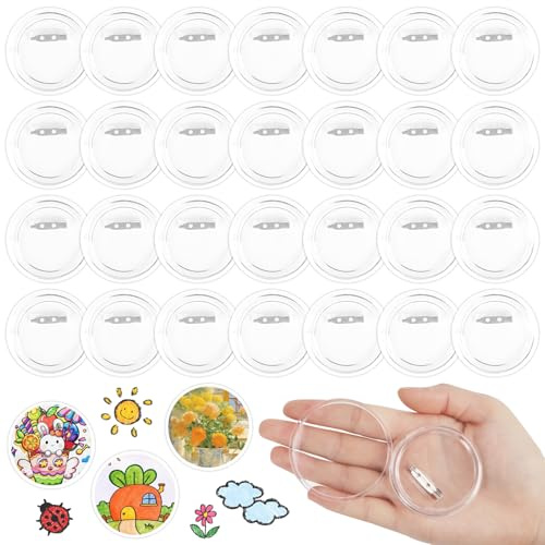 AKONE Buttons Selber Machen Ohne Buttonmaschine, 30 Stück Transparente Acryl Ansteckbuttons Set, 60mm Knöpf Buttons Anstecker mit Sicherheitsnadel, Acryl Button Pins Abzeichen für Foto Bild Kleidung