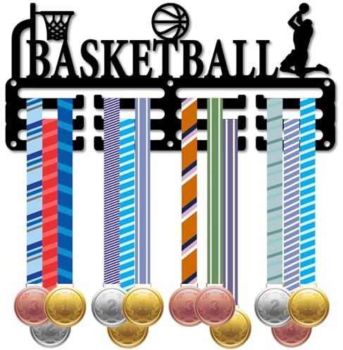 CREATCABIN Medaillenhalter Aufhänger Basketball Medaillenständer Wandhalterung Dekoration Klein Metall Eisen Aufhängen Für Heimabzeichen Fußball Über 40 Medaillen Auszeichnungen Schwarz 29x13cm