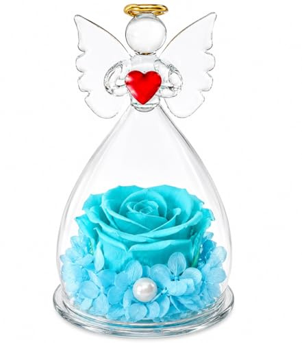 Glass Angel Figurine with Preserved Blue Rose in Dome, Guardian Angel Ornament with Heart, Decorative Flower Keepsake Gift for Mum, Friend, Anniversary, Memorial Decoration JR5225