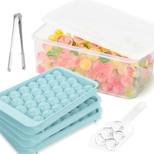 Eiswürfelform mit Deckel und Behälter, 2,5 cm x 99 Stück Runde Eiswürfel, Eiswürfelbehälter mit Deckel, Mini Kreis Eiswürfelform mit Schaufel & Eiszange für Eis, Cocktail, Kaffee und Saft (Blau)
