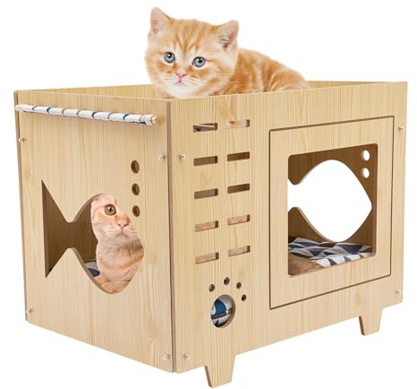 Katzenhaus Katzenhöhle Bodenmontage Balkon Katzenbett aus Holz 55 * 40 * 44cm Innen Hütte sicher & ungiftig mit erhöhtem Sockel für pet Schlafen und Spielen