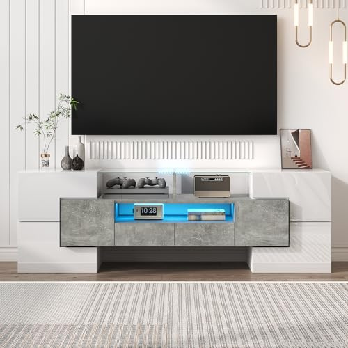 Merax Meuble TV 145 cm blanc brillant avec éclairage LED multicolore, 6 portes, 2 tiroirs, 145 x 30 x 51 cm, blanc et gris béton