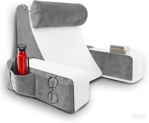 LANPEW Cojín de respaldo para cama y sofá con reposabrazos, cojín de lectura ergonómico para adultos, cojín de lectura transpirable con funda extraíble para leer, trabajar y relajarse (gris blanco, 65