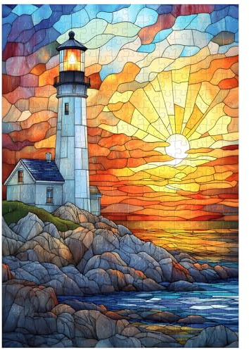 Artinhand 300 Teile Puzzle für Erwachsene Leuchtturm Puzzles 38x26 cm | Buntglas Puzzle für Erwachsene und Kinder Heimdekoration Geburtstagsparty Geschenk Spielzeug