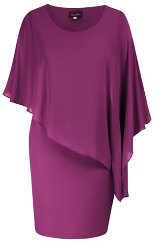 Hanna Nikole Vestido de cóctel de gasa con capa para mujer de talla grande, largo hasta la rodilla, vestido de noche con superposición, Rosa lila., 46 Grande