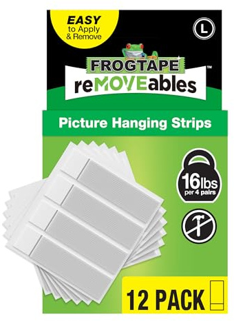 FrogTape reMOVEables Large Picture Hanging Strips - 12 Pairs - 16lbs per 4 Pairs - Damage-Free Removeable Adhesive Wall Strips Picture Hangers for Mounting Frames, Canvas, Home Décor White (24 Pieces)