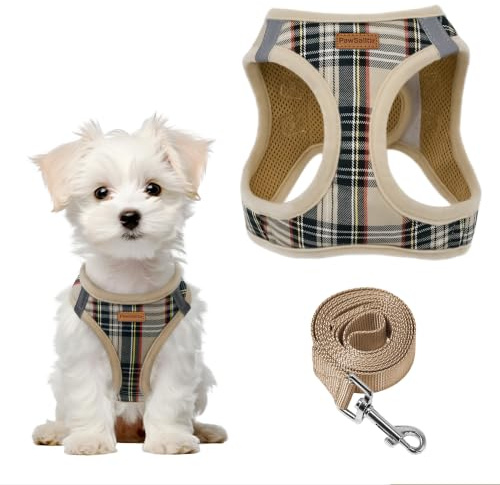 PawSailor Extra Small Dog Harness Step-in No Pull Mesh Puppy Harness Beige | Soft Padded Adjustable Dog Harness Lead Set, Reflective Plaid Pattern, Safety Buckle, Easy Wear for Cats, Chihuahua, XXXS