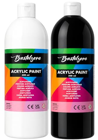 Bastelzone Akrylfärg 500 ml - Mycket Pigmenterad Konstnärsakrylfärg, Vattentät & Vegan - Perfekt för Akrylhällning & Måleri på Duk, Trä, Sten, Papper, Tyg & Metall (Svart & Vit (DUO))