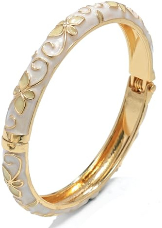 sunglnl Cloisonne Bracelet For Women, 4 Petals of Flower Shaped Enamel Bling Chunky Bangle Trendy Cute Colorful Gold Plated Vintage Bracelets Stackable Wife Jewelry Friendship Gift (White)