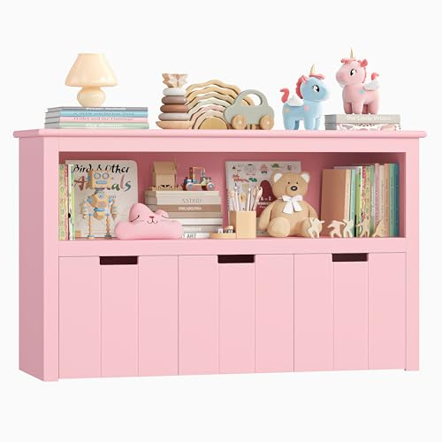 FOREHILL Mobiletto Portagiochi,Libreria per Bambini 3-12 Anni,Scaffale Contenitore con Ruote, 3 Cassetti,per Cameretta e Stanza dei Giochi 102×33×61,5cm (Rosa)